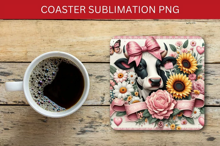 square coaster - floral cow