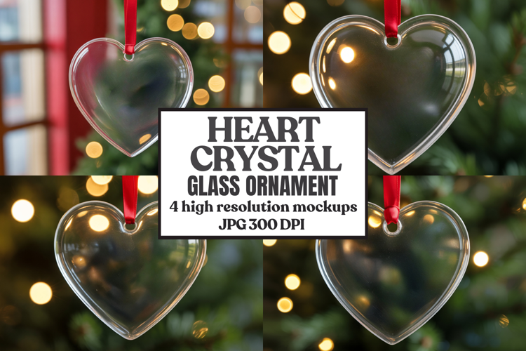 Christmas Heart Crystal Glass Ornament Mockups