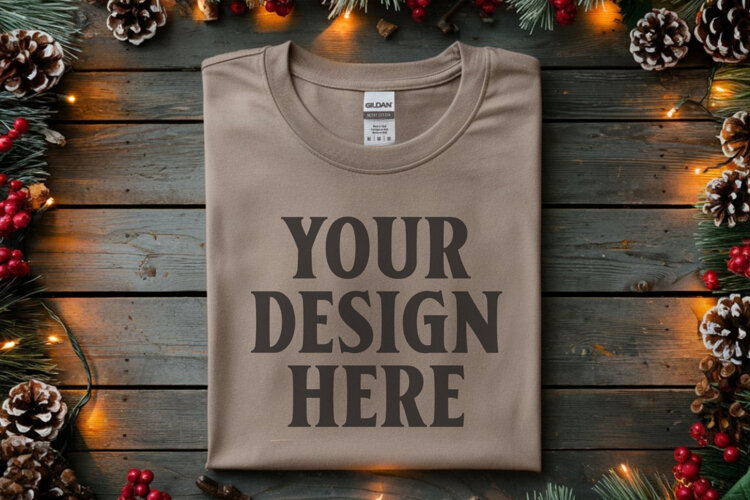 Gildan 64000 Sand Folded Christmas Flat Lay T-shirt example image 1