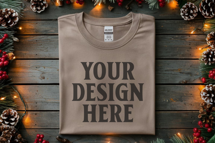 Gildan 64000 Sand Folded Christmas Flat Lay T-shirt