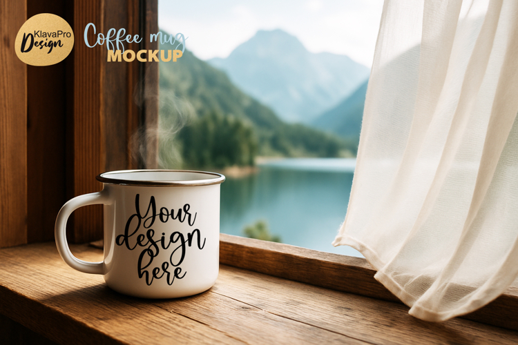 Cabin Mug Mockup Enamel Cup Window Mountain View