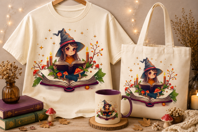 Cute Witch Reading Book PNG | Mushroom Halloween Clipart