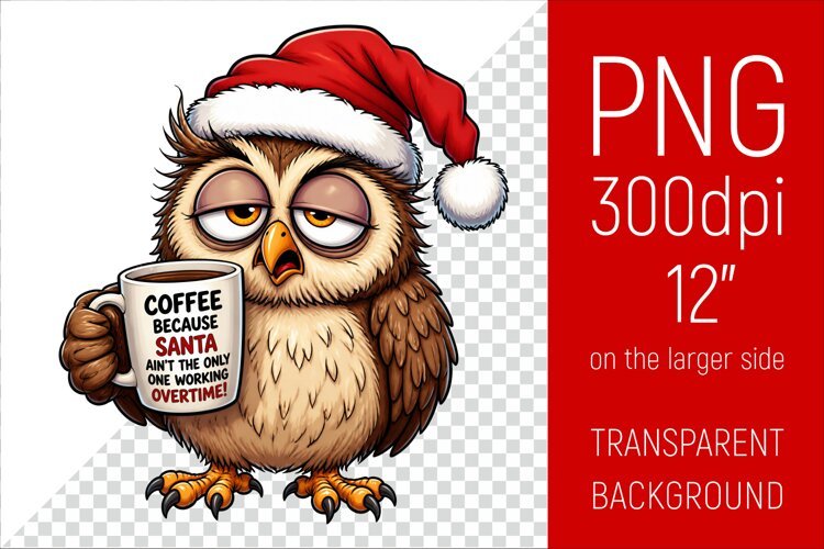 Funny Morning Coffee Owl in Santa Hat | Christmas Clipart example image 1