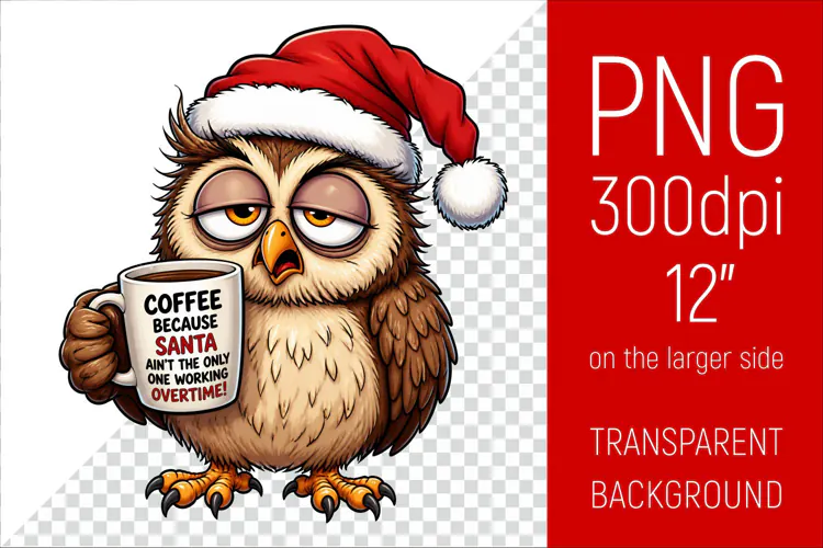 Funny Morning Coffee Owl in Santa Hat | Christmas Clipart