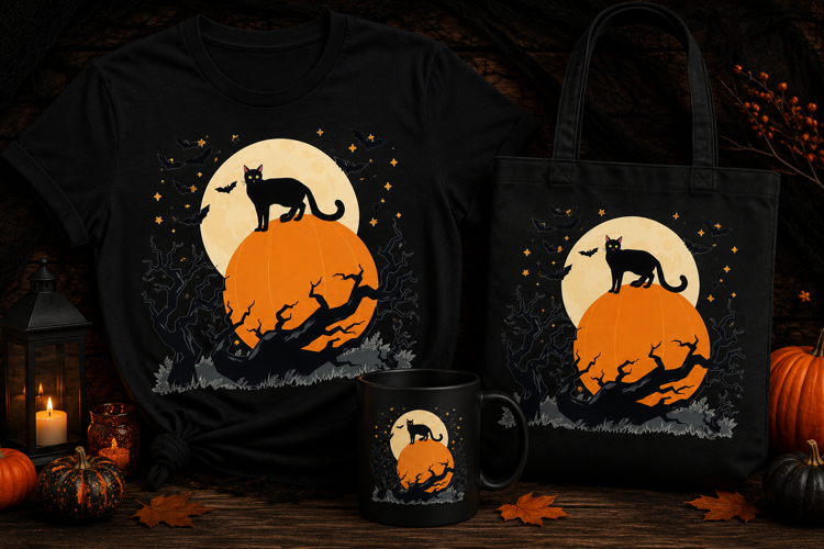Halloween Black Cat Pumpkin PNG | Spooky Moonlight Clipart