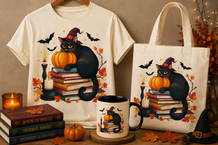 Halloween Black Cat PNG | Witch Hat Pumpkin & Books example image 1