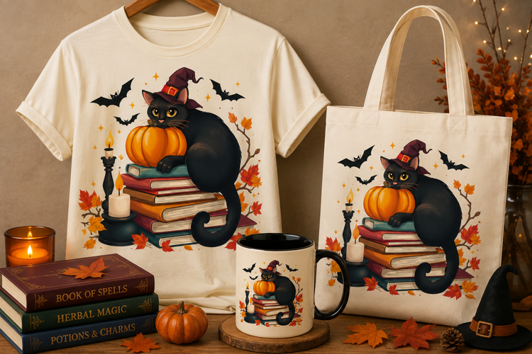 Halloween Black Cat PNG | Witch Hat Pumpkin & Books
