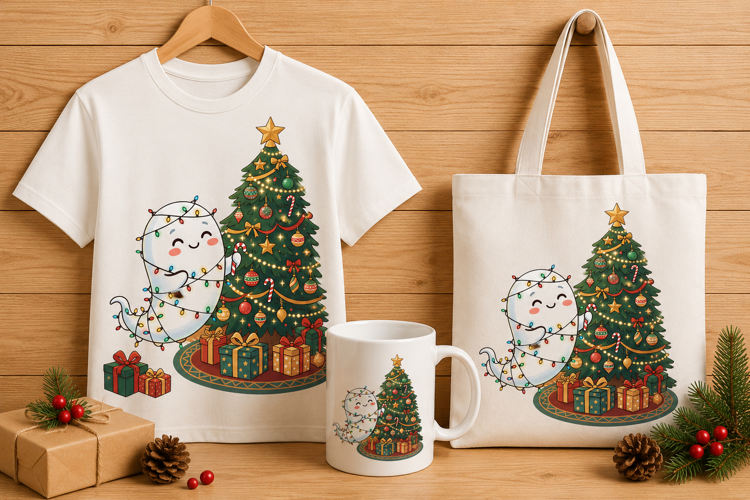 Cute Ghost Wrapped in Christmas Lights Art Print