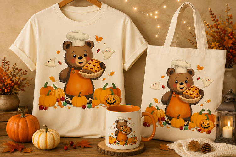 Cute Halloween Bear PNG | Pumpkin Pie Fall Baking Clipart