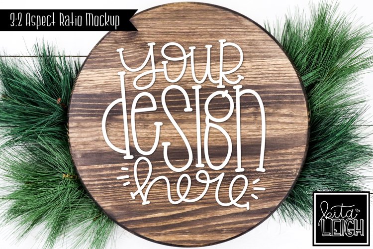 Wood Round Christmas Mockup with Pine | Stylized Photo example image 1