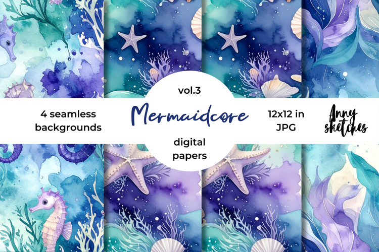 Mermaidcore Digital Paper Watercolor Seamless Patterns