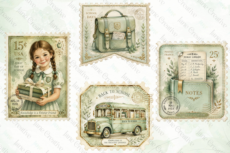 Vintage Back to School Postage Stamp Clipart