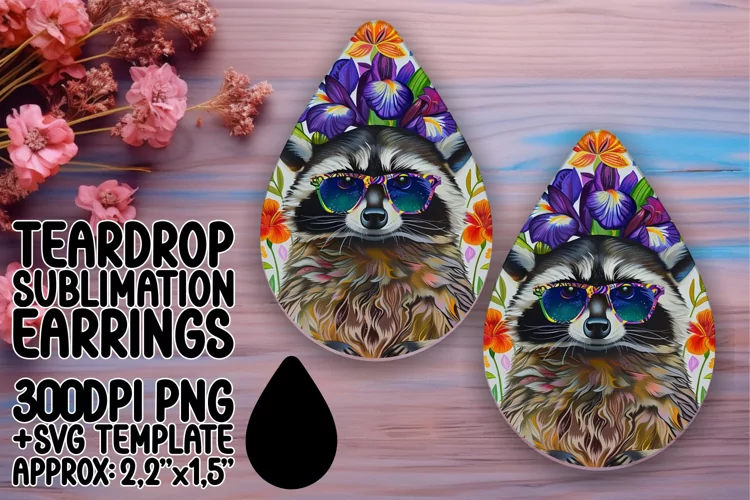 Raccoon with Blooms Teardrop Earrings for Sublimation