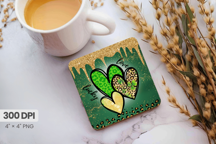 Lucky Hearts Shamrock Love Square Coaster PNG Sublimation De