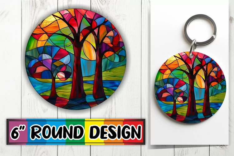 Colorful Stained Glass Tree Round Design Art
