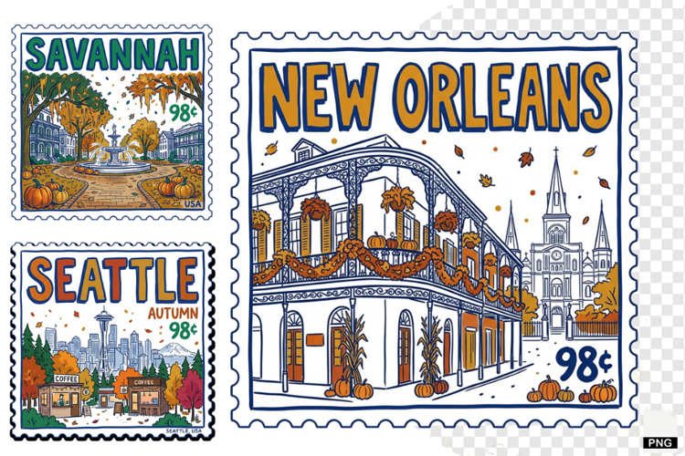 Fall Travel Postage Stamps Clipart