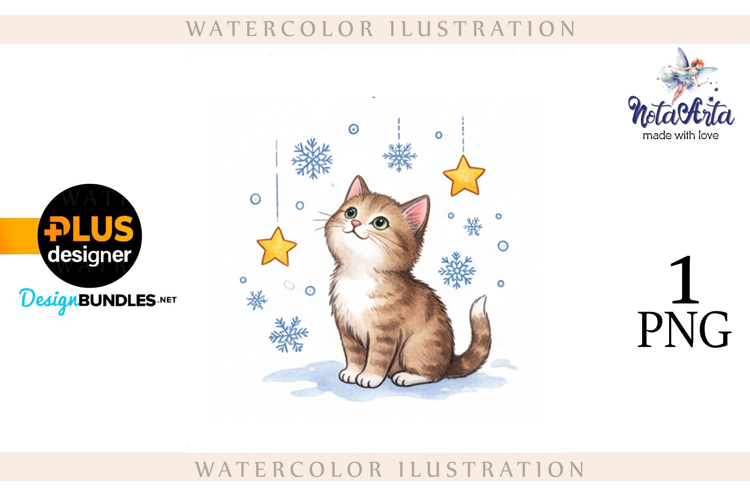 Christmas Kitten in Watercolor Style