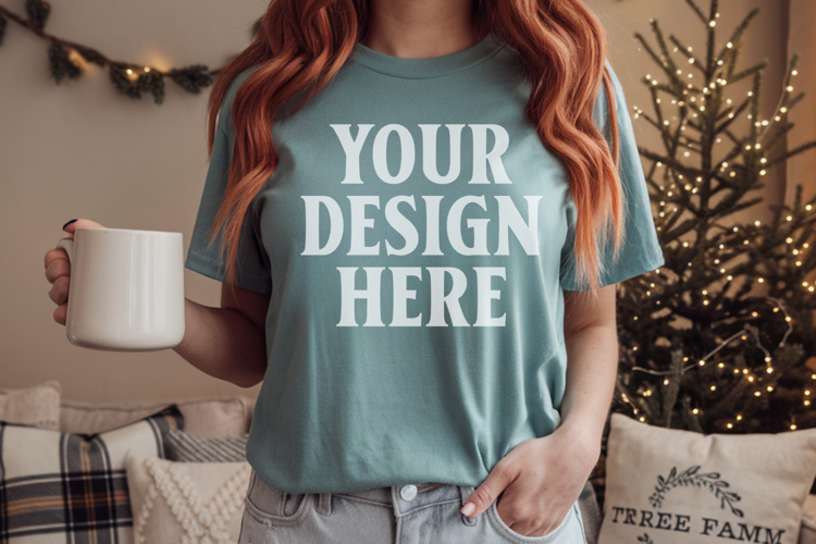 Comfort Colors 1717 Blue Spruce Christmas T-Shirt Mockup, Bo