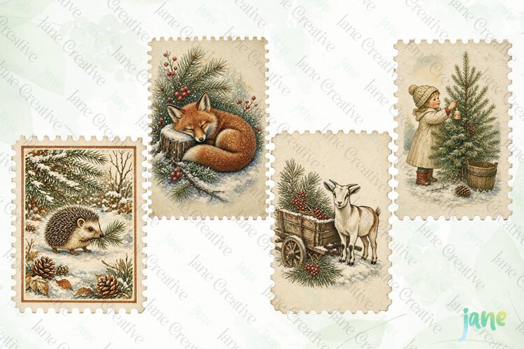 Vintage Winter Postage Stamp Clipart example image 1