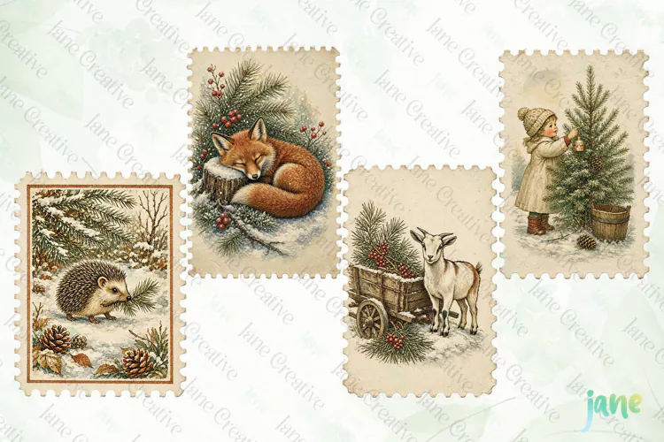 Vintage Winter Postage Stamp Clipart