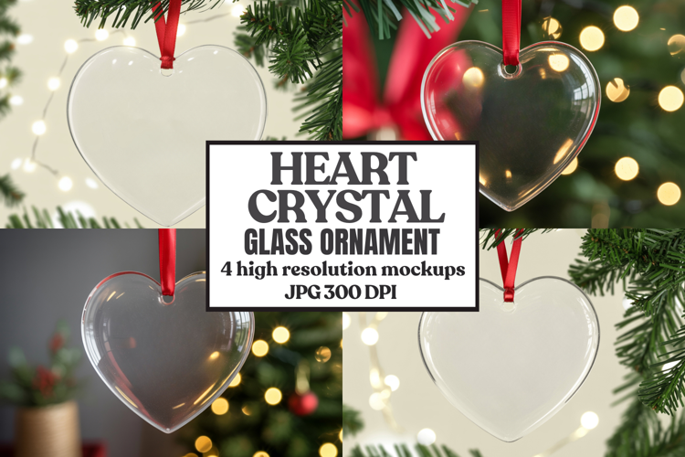 Christmas Heart Crystal Glass Ornament Mockups