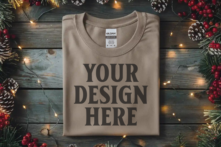 Gildan 64000 Sand Folded Christmas Flat Lay T-shirt