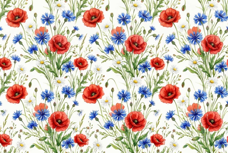 pattern with red poppy field blue cornflowers