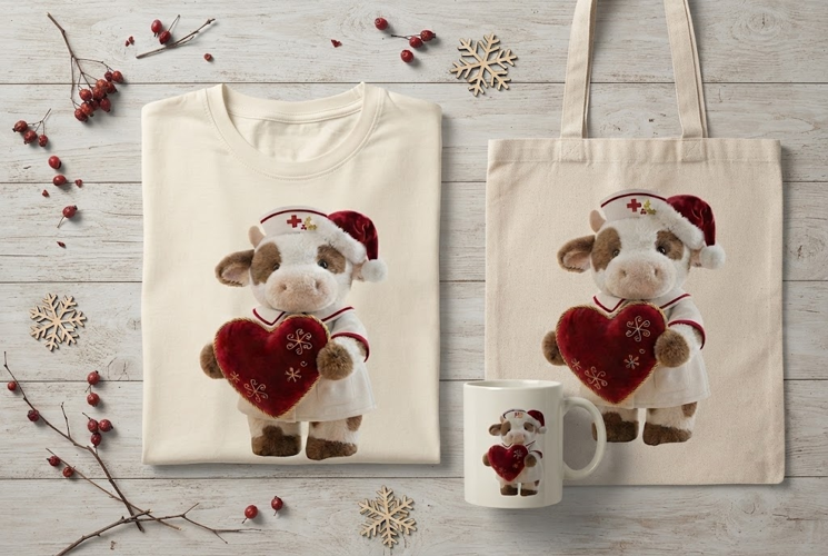 Christmas Nurse Cow Snowflake Heart Holiday Art Print