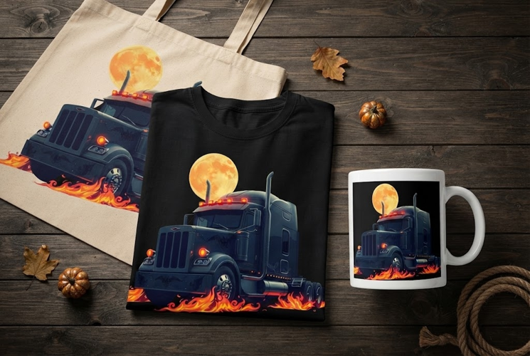 Gothic Bat Semi Truck Halloween Design with Full Moon
