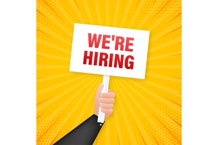 We're hiring. Cartoon poster with hand holding placard example image 1