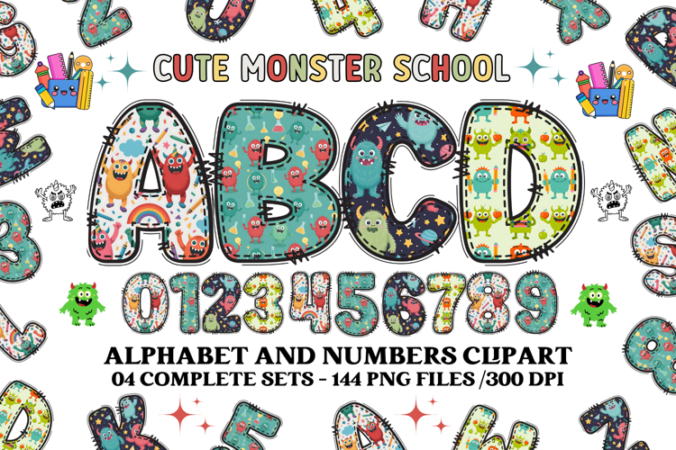 CUTE MONSTER SCHOOL Alphabet A-Z Numbers Clipart PNG 300 DPI