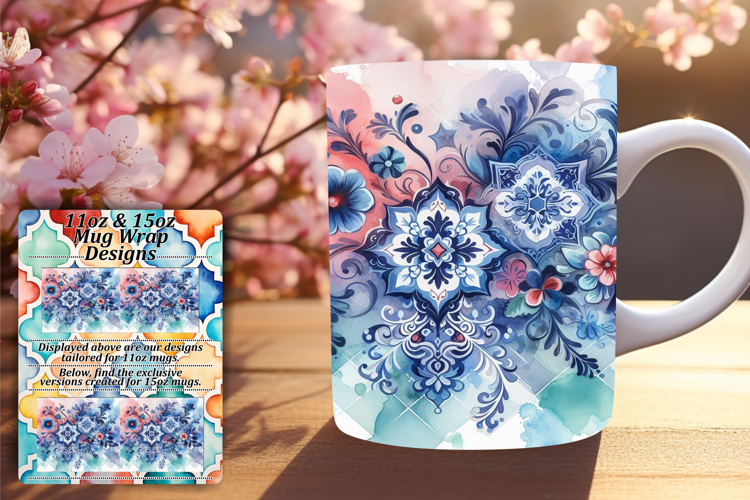 Serene 11oz Mug Wrap Png Design , Watercolor Patter