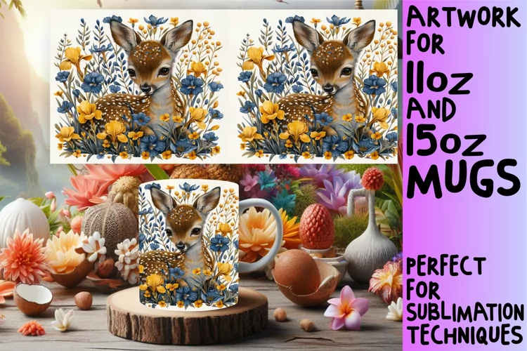 Watercolor Deer Spring Mug Wrap Design Sublimation