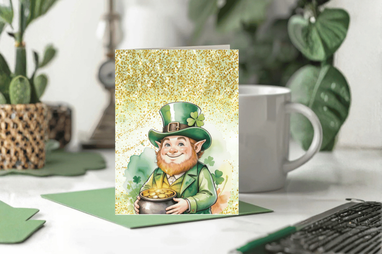 Cute Leprechaun Holding Pot of Gold Greeting Card PNG Sublim