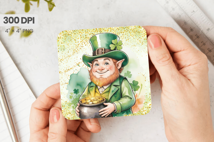 Cute Leprechaun Holding Pot of Gold Square Coaster PNG Subli