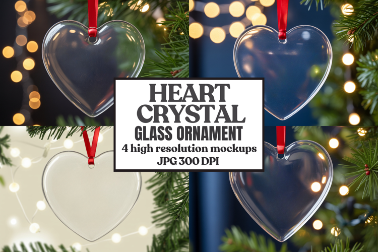 Christmas Heart Crystal Glass Ornament Mockups