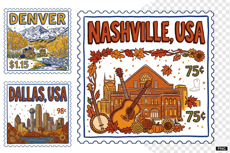 Fall Travel Postage Stamps Clipart example image 1