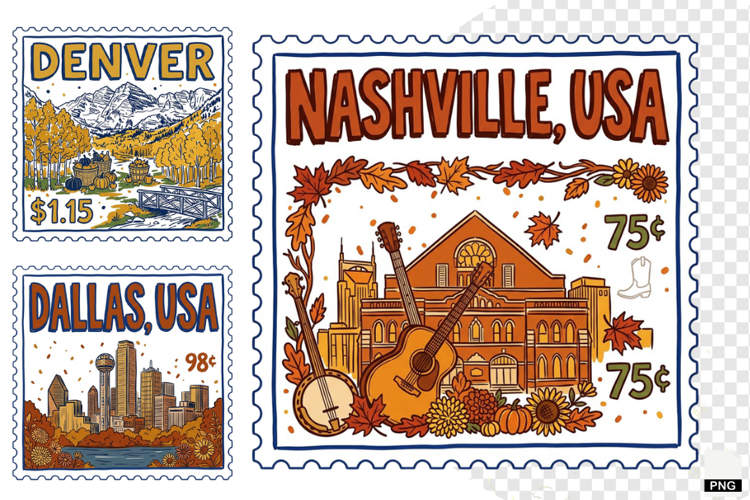 Fall Travel Postage Stamps Clipart