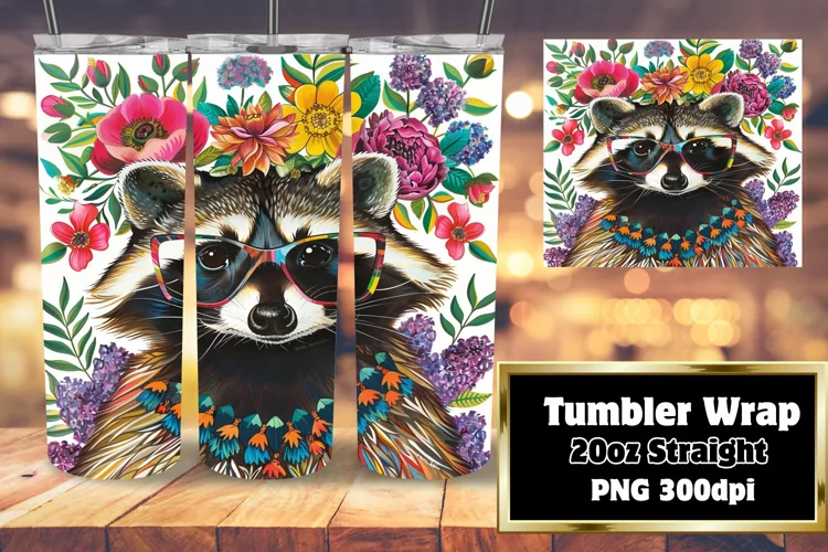 20oz Tumbler Wrap: Playful Raccoon & Flowers