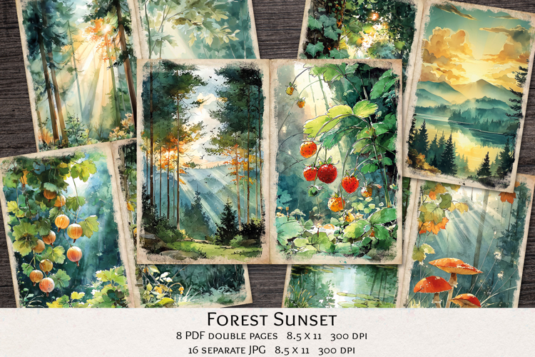 Watercolor Forest sunset Junk Journal Printable Pages