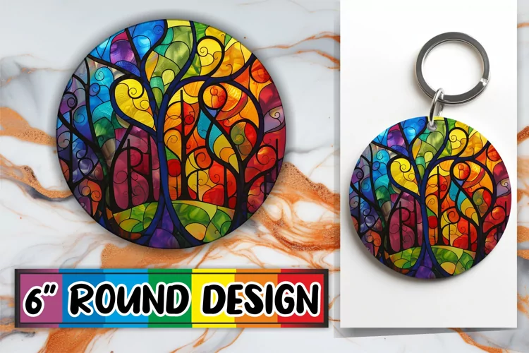 Stained Glass Tree Keychain Colorful Round Design
