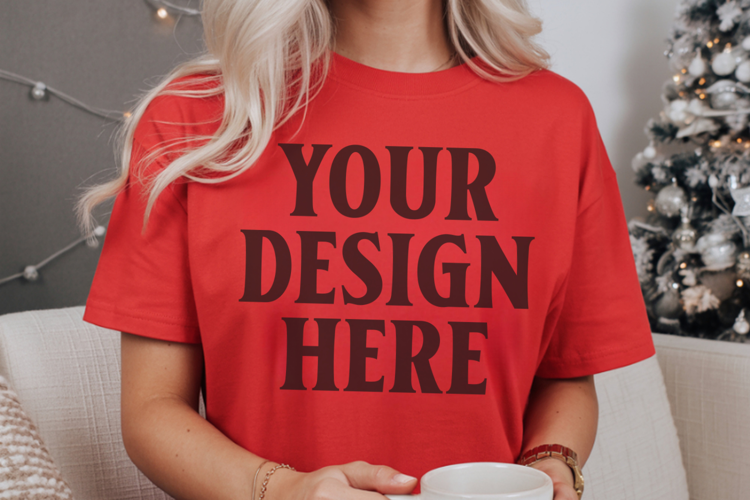 Christmas Comfort Colors 1717 Red T-Shirt Mockup Real Model