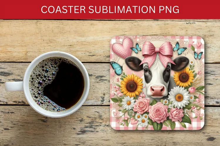 square coaster - floral cow