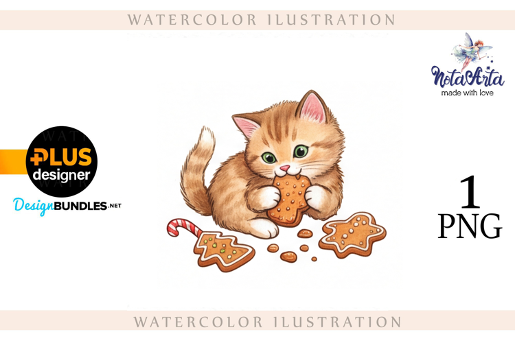 Christmas Kitten in Watercolor Style