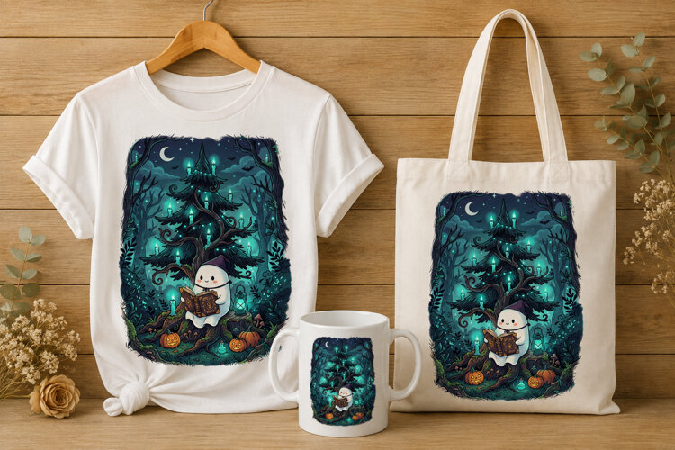 Cute Little Ghost Reading Spell Book in Spooky Forest PNG example image 1
