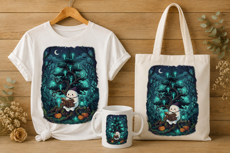 Cute Little Ghost Reading Spell Book in Spooky Forest PNG
