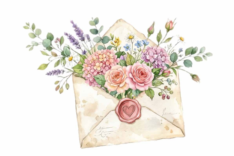 Watercolor greeting card and envelope with floral