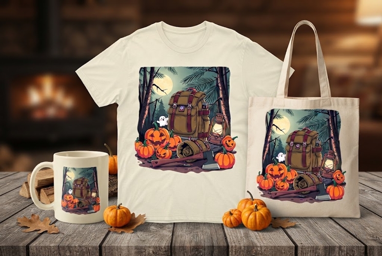 Spooky Forest Camping Halloween Backpack Design with Ghost