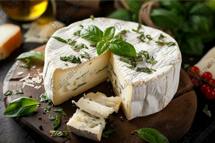 Gourmet camembert cheese with fresh basil
