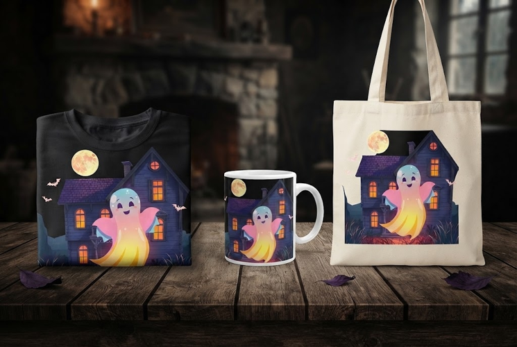 Cute Ghost and Haunted House Halloween Design with Full Moon